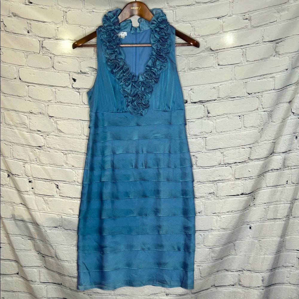 Maggy London Blue Sleeveless Ruffled Neckline Dress Size 6